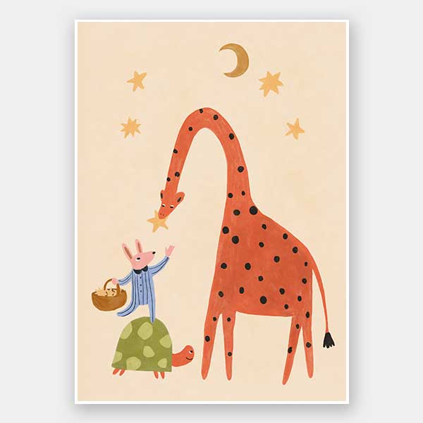 A tall giraffe and tiny mouse share a starry moment in soft neutral tones with pops of colour, from the Little Tails Collection by Urban Road.