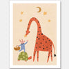 A tall giraffe and tiny mouse share a starry moment in soft neutral tones with pops of colour, from the Little Tails Collection by Urban Road.