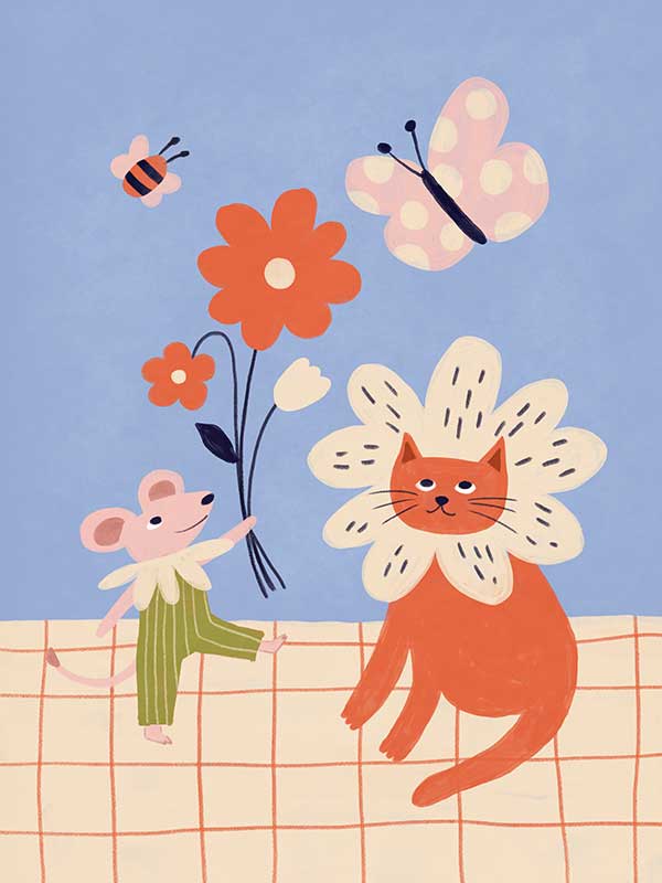 Whimsical garden friends—cat, mouse, bee, and butterfly—amid bright blooms on a soft blue ground, from the Little Tails Collection by Urban Road.