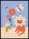 Whimsical garden friends—cat, mouse, bee, and butterfly—amid bright blooms on a soft blue ground, from the Little Tails Collection by Urban Road.