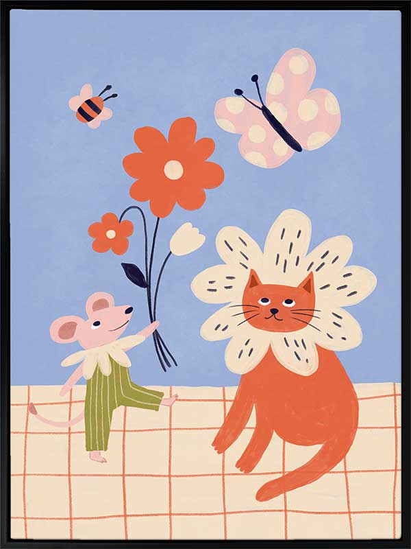 Whimsical garden friends—cat, mouse, bee, and butterfly—amid bright blooms on a soft blue ground, from the Little Tails Collection by Urban Road.