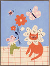 Whimsical garden friends—cat, mouse, bee, and butterfly—amid bright blooms on a soft blue ground, from the Little Tails Collection by Urban Road.