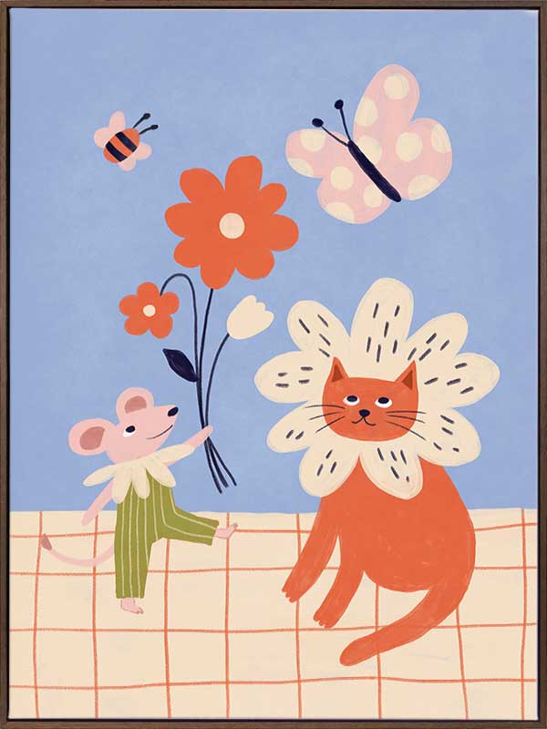 Whimsical garden friends—cat, mouse, bee, and butterfly—amid bright blooms on a soft blue ground, from the Little Tails Collection by Urban Road.