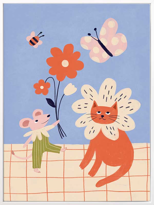 Whimsical garden friends—cat, mouse, bee, and butterfly—amid bright blooms on a soft blue ground, from the Little Tails Collection by Urban Road.