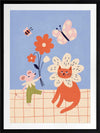 Whimsical garden friends—cat, mouse, bee, and butterfly—amid bright blooms on a soft blue ground, from the Little Tails Collection by Urban Road.