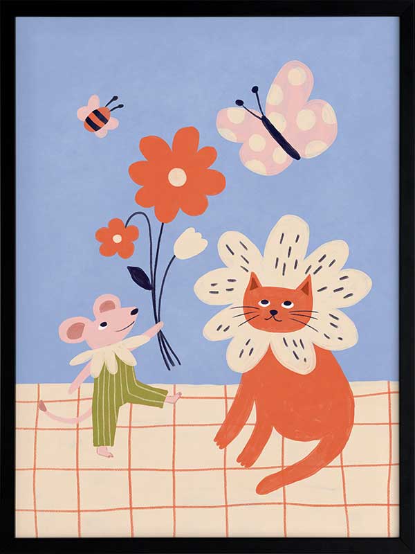Whimsical garden friends—cat, mouse, bee, and butterfly—amid bright blooms on a soft blue ground, from the Little Tails Collection by Urban Road.