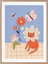 Whimsical garden friends—cat, mouse, bee, and butterfly—amid bright blooms on a soft blue ground, from the Little Tails Collection by Urban Road.