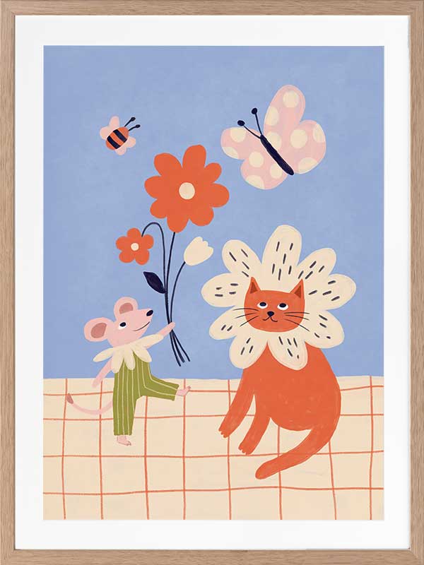 Whimsical garden friends—cat, mouse, bee, and butterfly—amid bright blooms on a soft blue ground, from the Little Tails Collection by Urban Road.