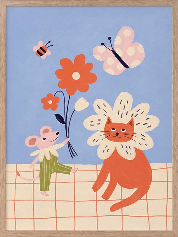 Whimsical garden friends—cat, mouse, bee, and butterfly—amid bright blooms on a soft blue ground, from the Little Tails Collection by Urban Road.