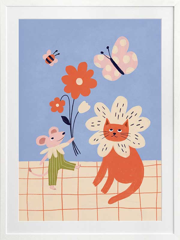 Whimsical garden friends—cat, mouse, bee, and butterfly—amid bright blooms on a soft blue ground, from the Little Tails Collection by Urban Road.