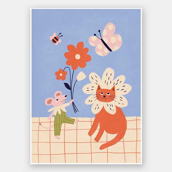 Whimsical garden friends—cat, mouse, bee, and butterfly—amid bright blooms on a soft blue ground, from the Little Tails Collection by Urban Road.