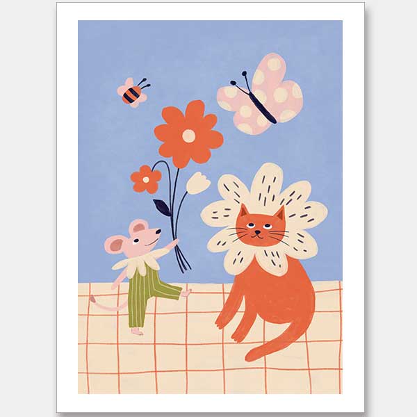 Whimsical garden friends—cat, mouse, bee, and butterfly—amid bright blooms on a soft blue ground, from the Little Tails Collection by Urban Road.
