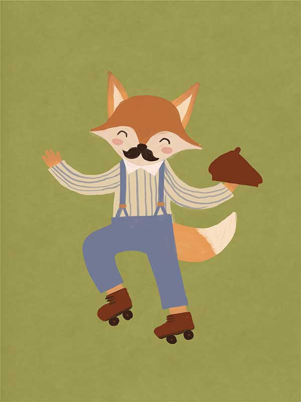 Dapper fox on roller skates strikes a playful pose over a soft green backdrop, from the Little Tails Collection by Urban Road.