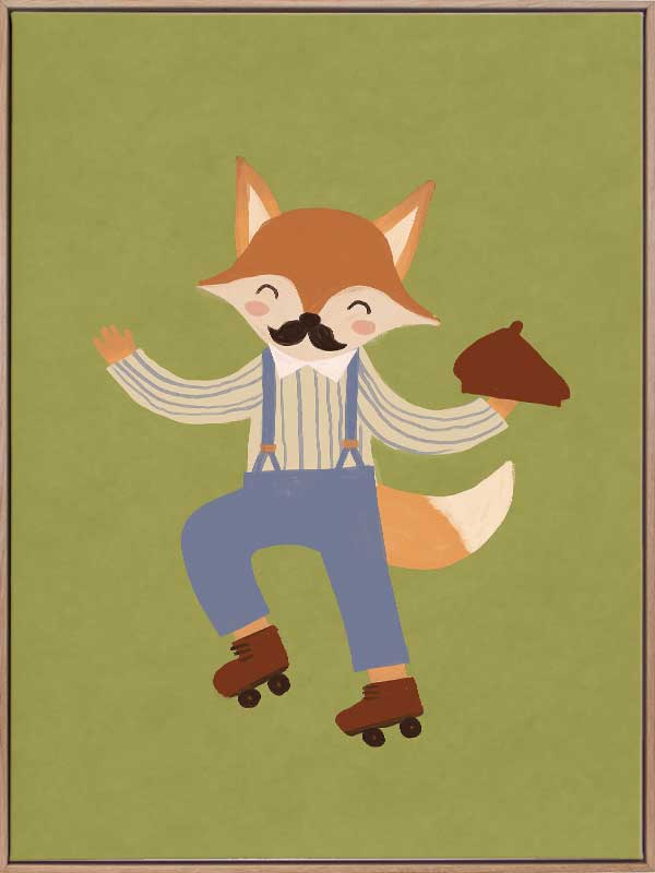 Dapper fox on roller skates strikes a playful pose over a soft green backdrop, from the Little Tails Collection by Urban Road.