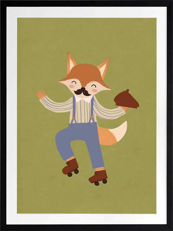 Dapper fox on roller skates strikes a playful pose over a soft green backdrop, from the Little Tails Collection by Urban Road.