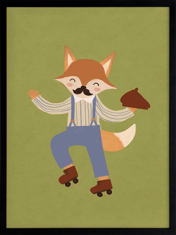 Dapper fox on roller skates strikes a playful pose over a soft green backdrop, from the Little Tails Collection by Urban Road.
