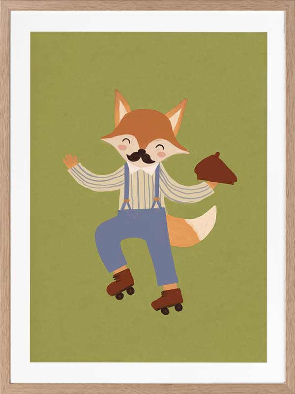 Dapper fox on roller skates strikes a playful pose over a soft green backdrop, from the Little Tails Collection by Urban Road.