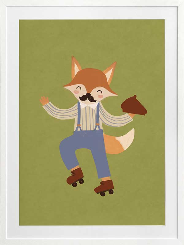 Dapper fox on roller skates strikes a playful pose over a soft green backdrop, from the Little Tails Collection by Urban Road.