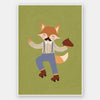 Dapper fox on roller skates strikes a playful pose over a soft green backdrop, from the Little Tails Collection by Urban Road.