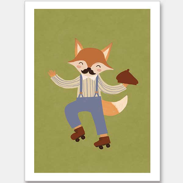 Dapper fox on roller skates strikes a playful pose over a soft green backdrop, from the Little Tails Collection by Urban Road.