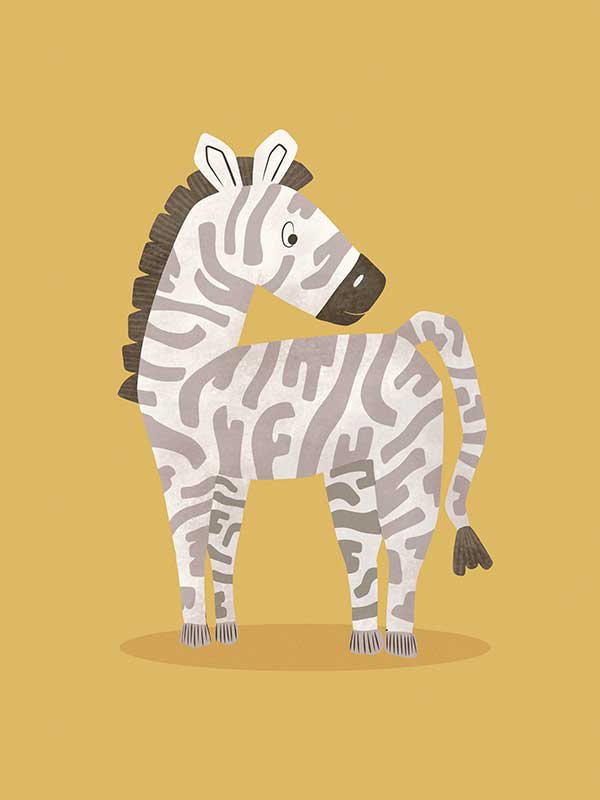 Friendly striped zebra stands on a sunny yellow ground with gentle pastel accents, from the Little Tails Collection by Urban Road.