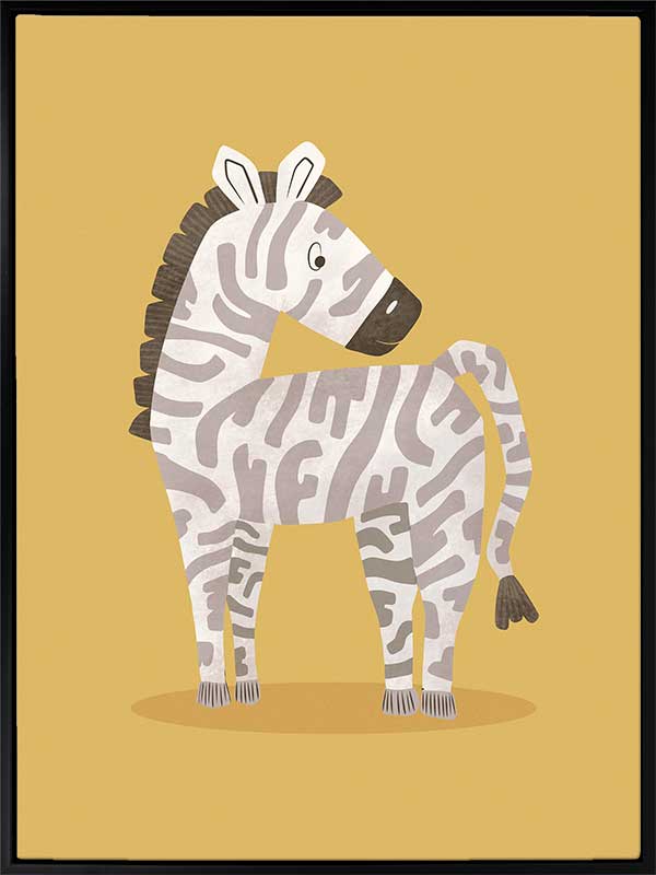 Friendly striped zebra stands on a sunny yellow ground with gentle pastel accents, from the Little Tails Collection by Urban Road.