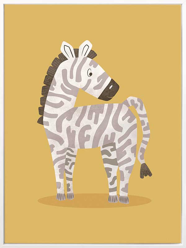 Friendly striped zebra stands on a sunny yellow ground with gentle pastel accents, from the Little Tails Collection by Urban Road.