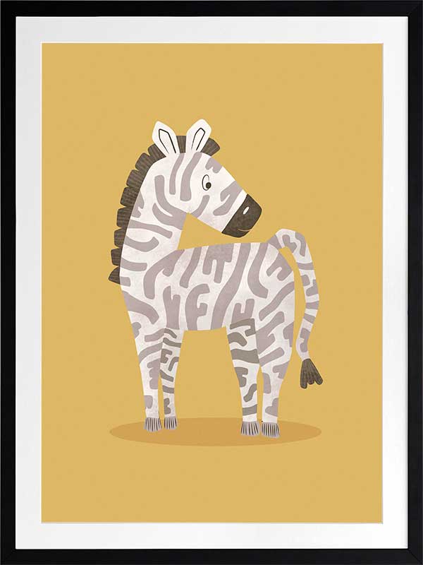 Friendly striped zebra stands on a sunny yellow ground with gentle pastel accents, from the Little Tails Collection by Urban Road.