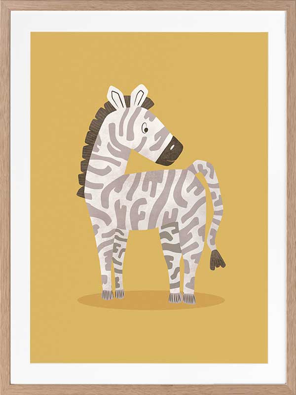 Friendly striped zebra stands on a sunny yellow ground with gentle pastel accents, from the Little Tails Collection by Urban Road.