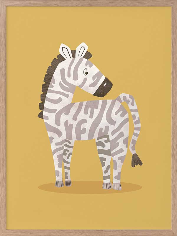Friendly striped zebra stands on a sunny yellow ground with gentle pastel accents, from the Little Tails Collection by Urban Road.