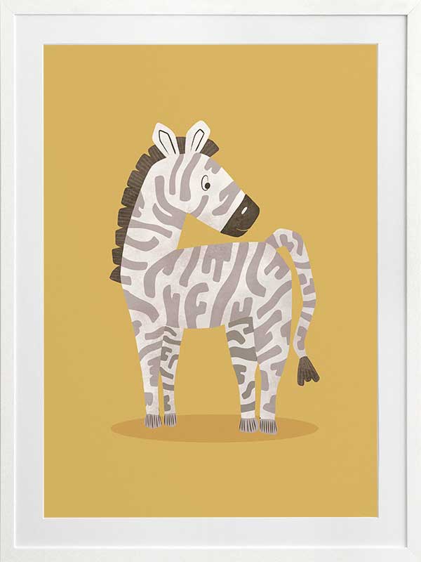 Friendly striped zebra stands on a sunny yellow ground with gentle pastel accents, from the Little Tails Collection by Urban Road.