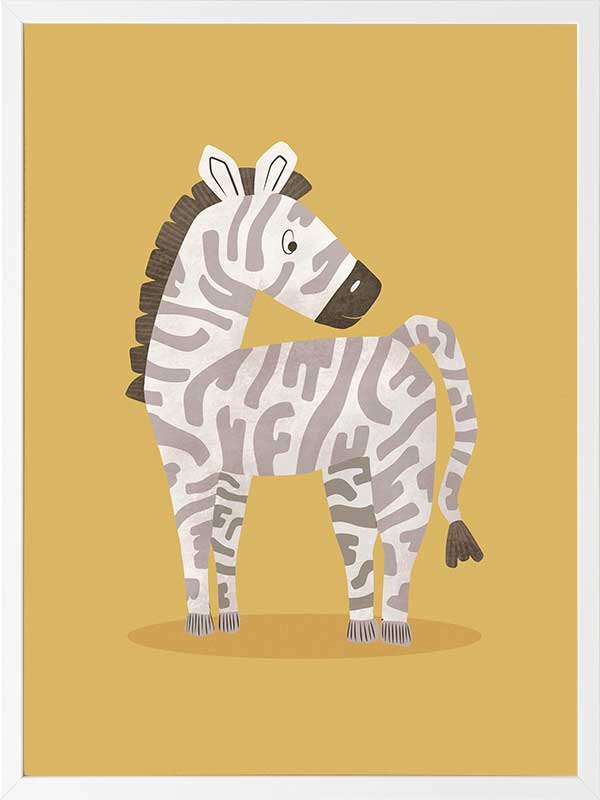 Friendly striped zebra stands on a sunny yellow ground with gentle pastel accents, from the Little Tails Collection by Urban Road.