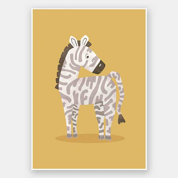 Friendly striped zebra stands on a sunny yellow ground with gentle pastel accents, from the Little Tails Collection by Urban Road.