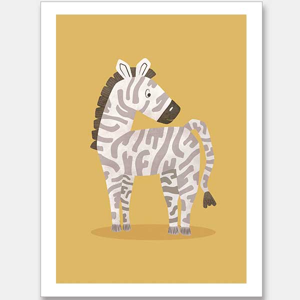 Friendly striped zebra stands on a sunny yellow ground with gentle pastel accents, from the Little Tails Collection by Urban Road.