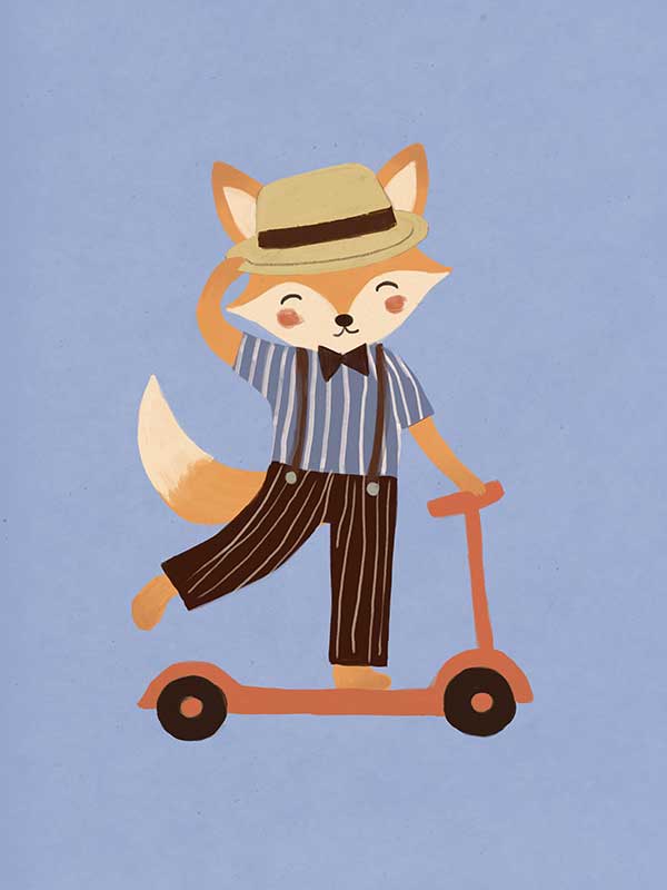 Stylish fox rides a scooter across a soft light-blue background in a playful storybook style, from the Little Tails Collection by Urban Road.
