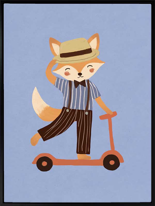 Stylish fox rides a scooter across a soft light-blue background in a playful storybook style, from the Little Tails Collection by Urban Road.