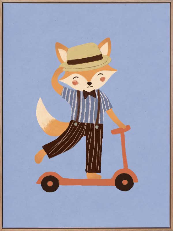 Stylish fox rides a scooter across a soft light-blue background in a playful storybook style, from the Little Tails Collection by Urban Road.