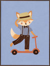 Stylish fox rides a scooter across a soft light-blue background in a playful storybook style, from the Little Tails Collection by Urban Road.
