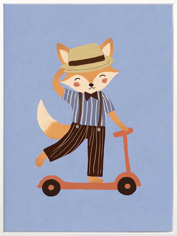 Stylish fox rides a scooter across a soft light-blue background in a playful storybook style, from the Little Tails Collection by Urban Road.