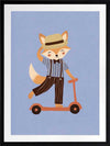 Stylish fox rides a scooter across a soft light-blue background in a playful storybook style, from the Little Tails Collection by Urban Road.