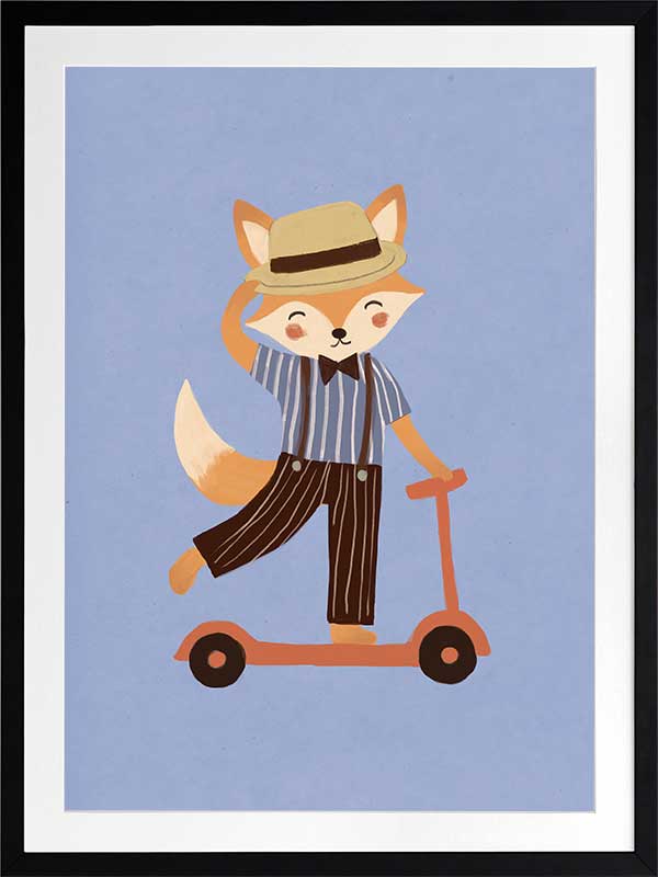 Stylish fox rides a scooter across a soft light-blue background in a playful storybook style, from the Little Tails Collection by Urban Road.