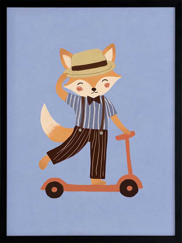Stylish fox rides a scooter across a soft light-blue background in a playful storybook style, from the Little Tails Collection by Urban Road.