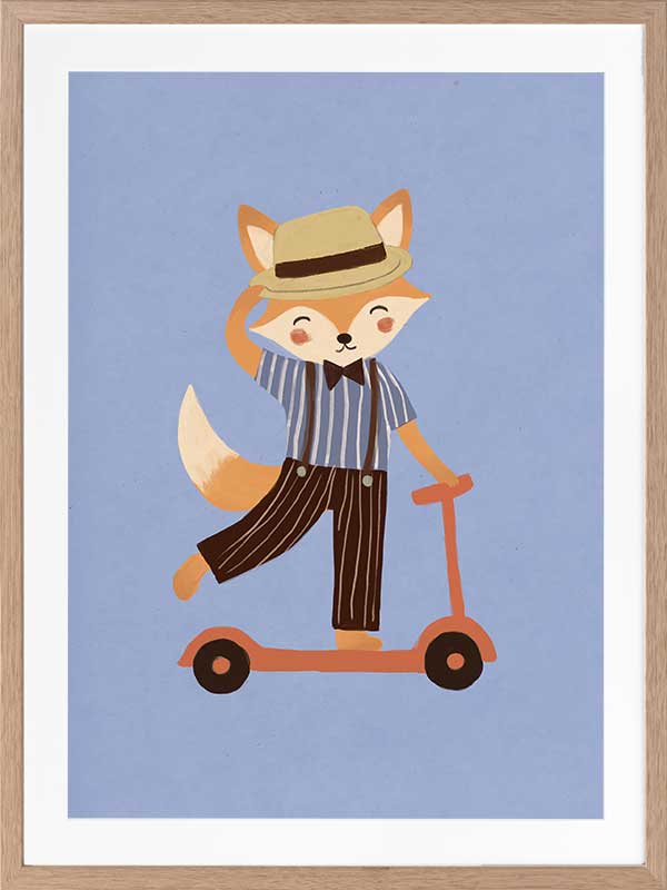 Stylish fox rides a scooter across a soft light-blue background in a playful storybook style, from the Little Tails Collection by Urban Road.