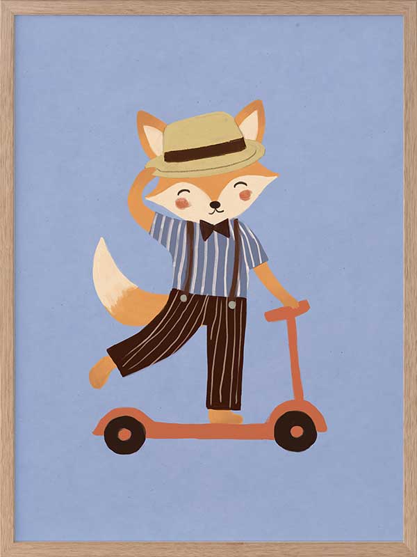 Stylish fox rides a scooter across a soft light-blue background in a playful storybook style, from the Little Tails Collection by Urban Road.