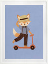 Stylish fox rides a scooter across a soft light-blue background in a playful storybook style, from the Little Tails Collection by Urban Road.
