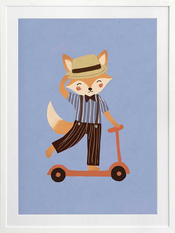 Stylish fox rides a scooter across a soft light-blue background in a playful storybook style, from the Little Tails Collection by Urban Road.