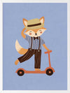 Stylish fox rides a scooter across a soft light-blue background in a playful storybook style, from the Little Tails Collection by Urban Road.