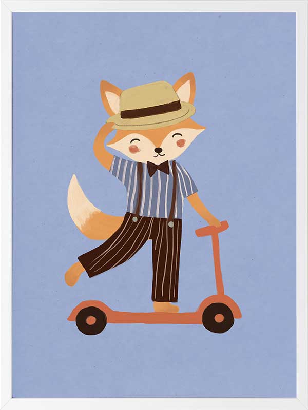 Stylish fox rides a scooter across a soft light-blue background in a playful storybook style, from the Little Tails Collection by Urban Road.