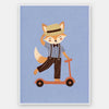 Stylish fox rides a scooter across a soft light-blue background in a playful storybook style, from the Little Tails Collection by Urban Road.