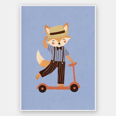 Stylish fox rides a scooter across a soft light-blue background in a playful storybook style, from the Little Tails Collection by Urban Road.
